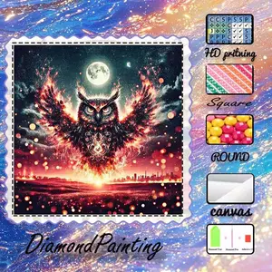 DIY 5D Flocking Fabric Diamond Painting Craft Kit, AB Rhinestones, Fairy Dust Rhinestones, Crystal Rhinestones, Owl, Flame, Moon Diamond Embroidery, Special Craftsmanship Diamond Art Kit, Wall Decor, Gift for Family, Loved Ones, and Friends