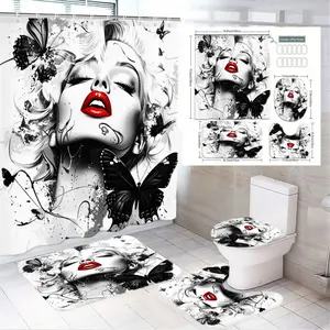 4pcs Marilyn Monroe-Inspired Bathroom Set, The floor mat fabric is thicker and softer! Chic Shower Curtain with Iconic Portraits, Vibrant Lip Colors, Elegance Butterfly Design, Complete Decor