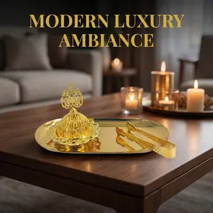 3-Piece Metal Bakhoor Incense Burner Set, Golden Filigree Charcoal Censer with Tray & Tongs, Premium Islamic Aromatherapy Kit for Oud/Frankincense