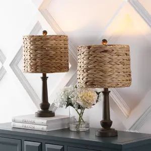 JONATHAN Y Leona Rustic Farmhouse Handwoven Water Hyacinth/Resin LED Table Lamp , for bedroom, living room, foyer, hallways, dining room, dorms