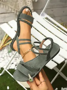 Women's Fashionable Plain Color Woven Design, Casual Comfortable Flat Beach Sandals for Summer, Lightweight Breathable Shoes for Daily Wear, Girl