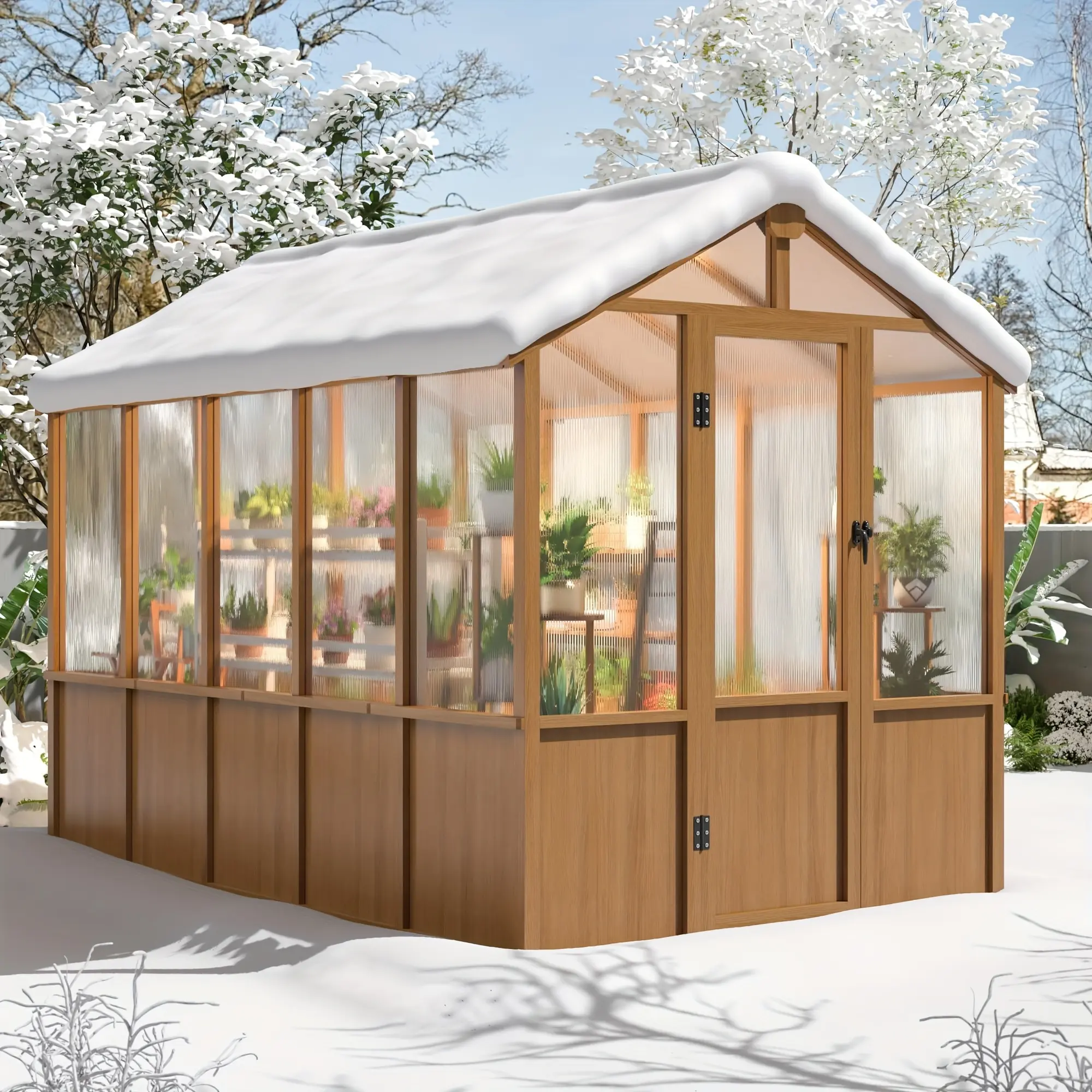 [Wooden Greenhouse] 6X8Ft Greenhouse, Wooden Walk-In Greenhouse for Outdoors with 6MM Thick Polycarbonate Panel And Adjustable Roof Vents, Garden Backyard, Patio, Lawn, Wood Colour