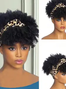 Women's Headband Wig, Afro Kinky Curly Design, Synthetic Material Wigs, Synthetic Short Hair Bob Wig, Headband Attached, All-Season Wear, Synthetic Hair Wigs