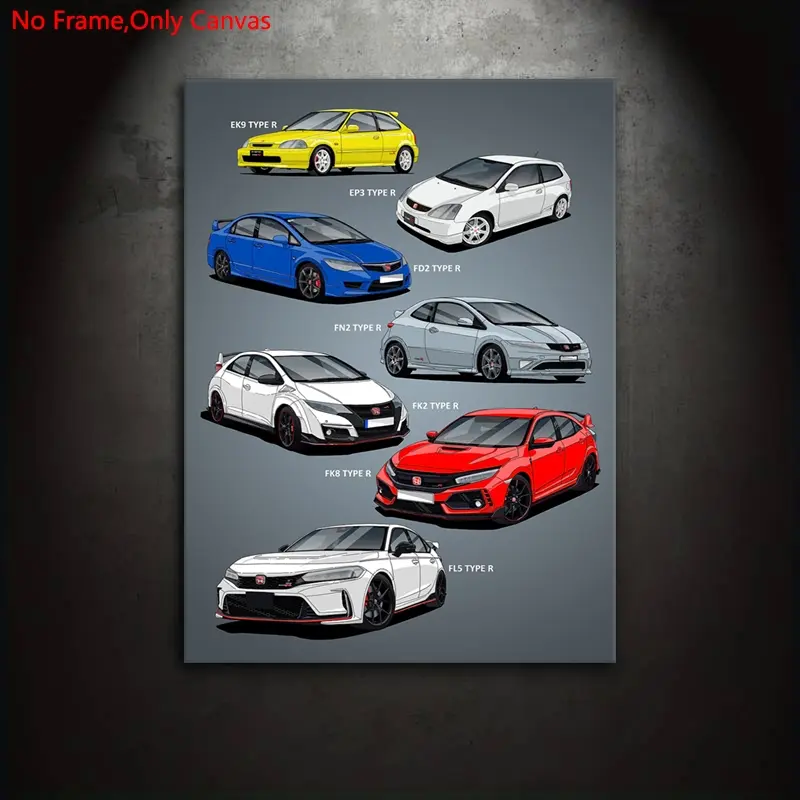 1 piece/set Frameless Canvas Painting Print Poster, Unframed painting, Minimalist Vehicle Art, Civic Type R Car, gift for Japanese JDM culture enthusiasts, gift for living spaces, wall decor, Decoration Items, Decorative wall art, Minimalist Design