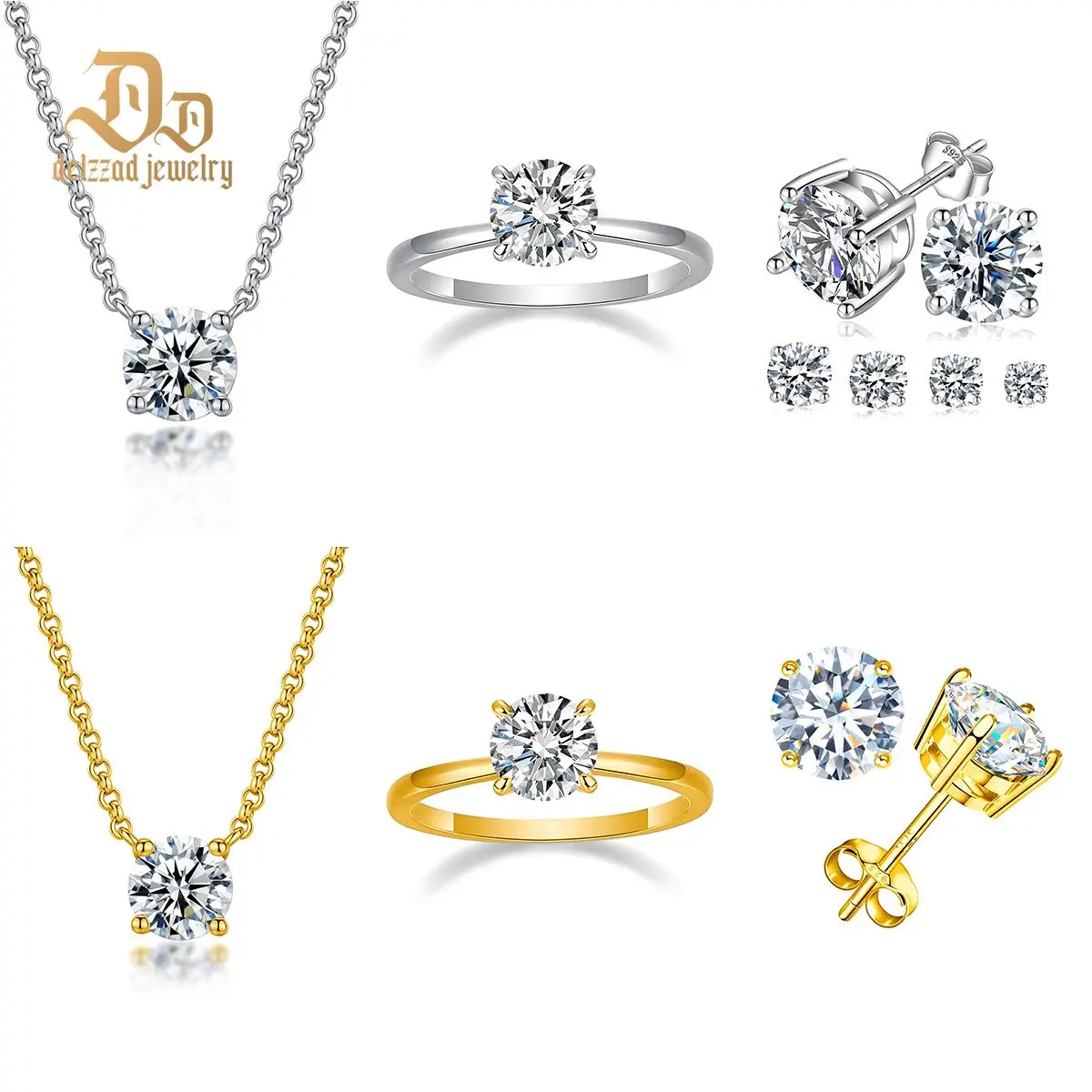 【Four-Prong Set】Delzzad Promise of Forever Set Solitaire Four-Prong Stud Earrings Necklace Ring Band Synthetic Moissanite S925 Jewelry Set Perfect Birthday Engagement Wedding Anniversary Christmas Gifts Crystal Set