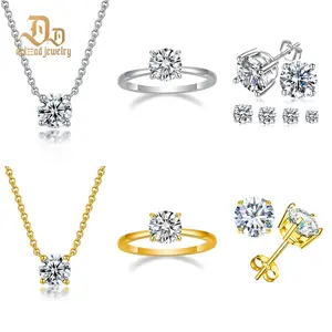 【Four-Prong Set】Delzzad Promise of Forever Set Solitaire Four-Prong Stud Earrings Necklace Ring Band Synthetic Moissanite S925 Jewelry Set Perfect Birthday Engagement Wedding Anniversary Christmas Gifts Crystal Set
