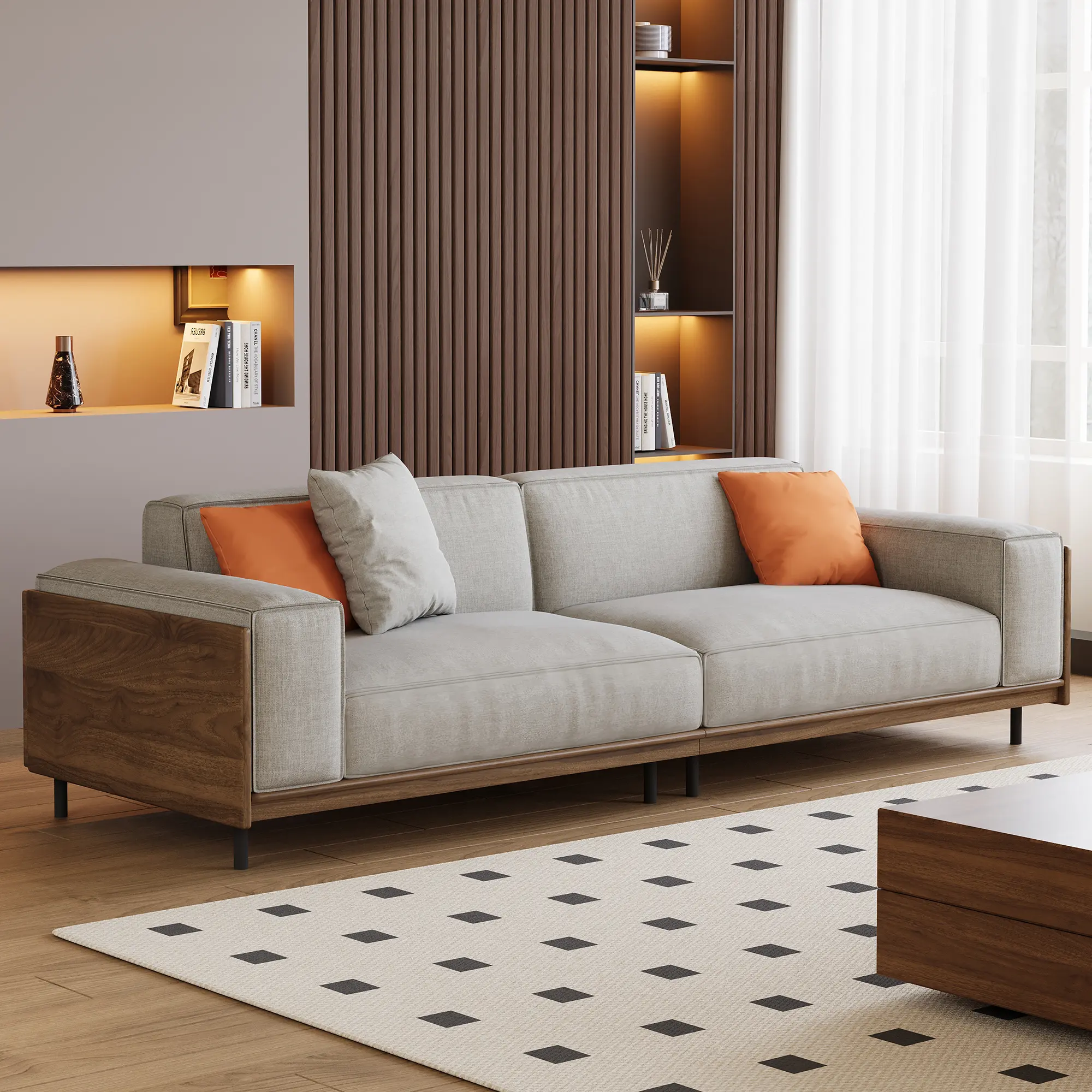 Modern-style fabric sofa with solid wood frame and high-density sponge cushioning, designed for easy assembly. A three-seater set suitable for living rooms and offices.