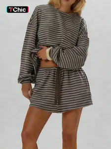 Women's Striped Long Sleeve Top & Elastic Waist Front Pocket Shorts Set, Comfortable Casual Clubwear Christmas Elegant, Womenswear
