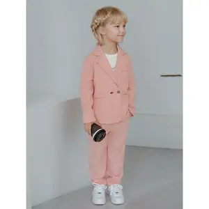 New2pcs Girls' Suit Set, New Children's Flower Girl Dress, Pink Girl Host Piano Performance Outfit, Party Attire, Blazer and Pants 2pcs Set, Perfect for Outdoor