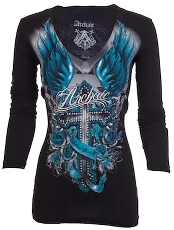 ARCHAIC Women's Rosemary V-Neck Pullover, Casual Long Sleeves Top with a Front and Back Printed Design, Graphics, Fit, Cotton