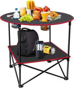 Portable Camping Table, Lightweight Foldable Picnic Table with 4 Cup Holders & Carry Bag, Waterproof Canvas Beach Table, PE & Steel Outdoor Folding Table with Lower Shelf for Camping, Picnic, Patio, Beach, Campfires and Tailgating