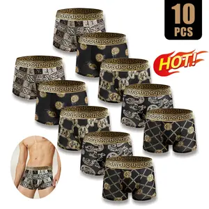 Men's Luxurious Gold Printed Boxer Briefs 10 Pieces Set Soft Breathable Elastic Underwear for All-Season Comfort Menswear