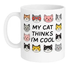 My Cat Thinks I'm Cool Set Coaster and Mug Made to Order with Fun Cat Faces Design