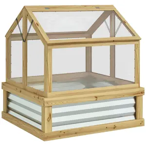 Raised Garden Bed + Cold Frame Greenhouse Kit – Natural Wood. 2-in-1 Use Together or Separately. Openable Tilted Polycarbonate Roof. Galvanized Steel Bed + Fir Wood Frame. 90% Light