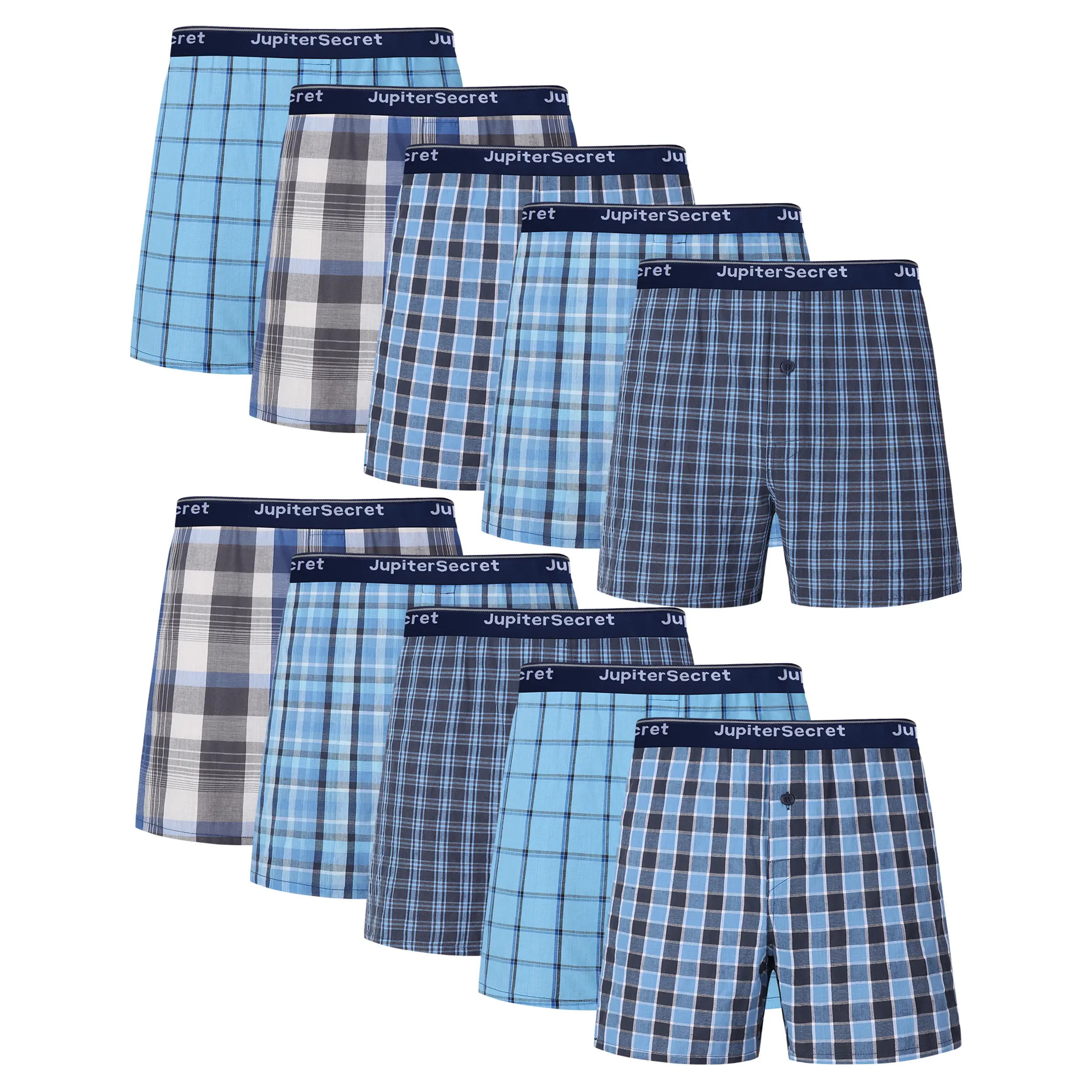 JupiterSecret 10-Pack Men's Boxer Shorts, 100% Cotton Classic Plaid Woven Underwear, Exposed Logo Waistband, Button Fly, Soft Breathable Fabric, Relaxed Fit Checked Menswear