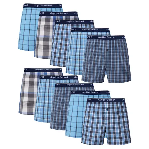 JupiterSecret 10-Pack Men's Boxer Shorts, 100% Cotton Classic Plaid Woven Underwear, Exposed Logo Waistband, Button Fly, Soft Breathable Fabric, Relaxed Fit Checked Menswear