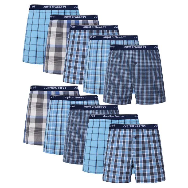 JupiterSecret 10-Pack Men's Boxer Shorts, 100% Cotton Classic Plaid Woven Underwear, Exposed Logo Waistband, Button Fly, Soft Breathable Fabric, Relaxed Fit Checked Menswear