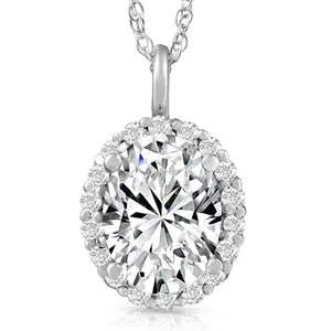 3 Ct Oval Moissanite & Lab Grown Diamond Halo Pendant 14k Gold Necklace
