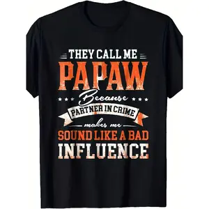 Men's Retro Humorous Graphic Tee - Papaw "They Call Me Papaw" with Partner In Crime Banner, Menswear Round Neck Short Sleeve Streetwear, Casual Wear & Light-Hearted Gift Tshirt