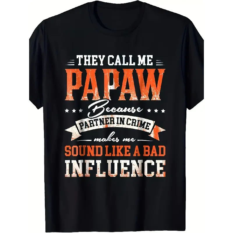 Men's Vintage Graphic Tees - Papaw "They Call Me Papaw" with Partner In Crime Banner, Round Neck Shortsleeve Casual Fit Cartoon Style Streetwear Tshirt, Light-Hearted Gift