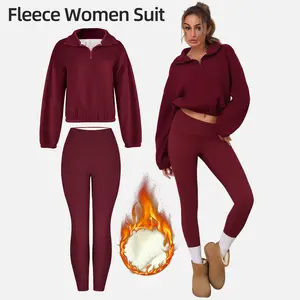 CHRLEISURE Fleece Women Suit Women's Winter Set Fleece Leggings Long Sleeved Tops for Daily Sports Wear in Warm Burgundy