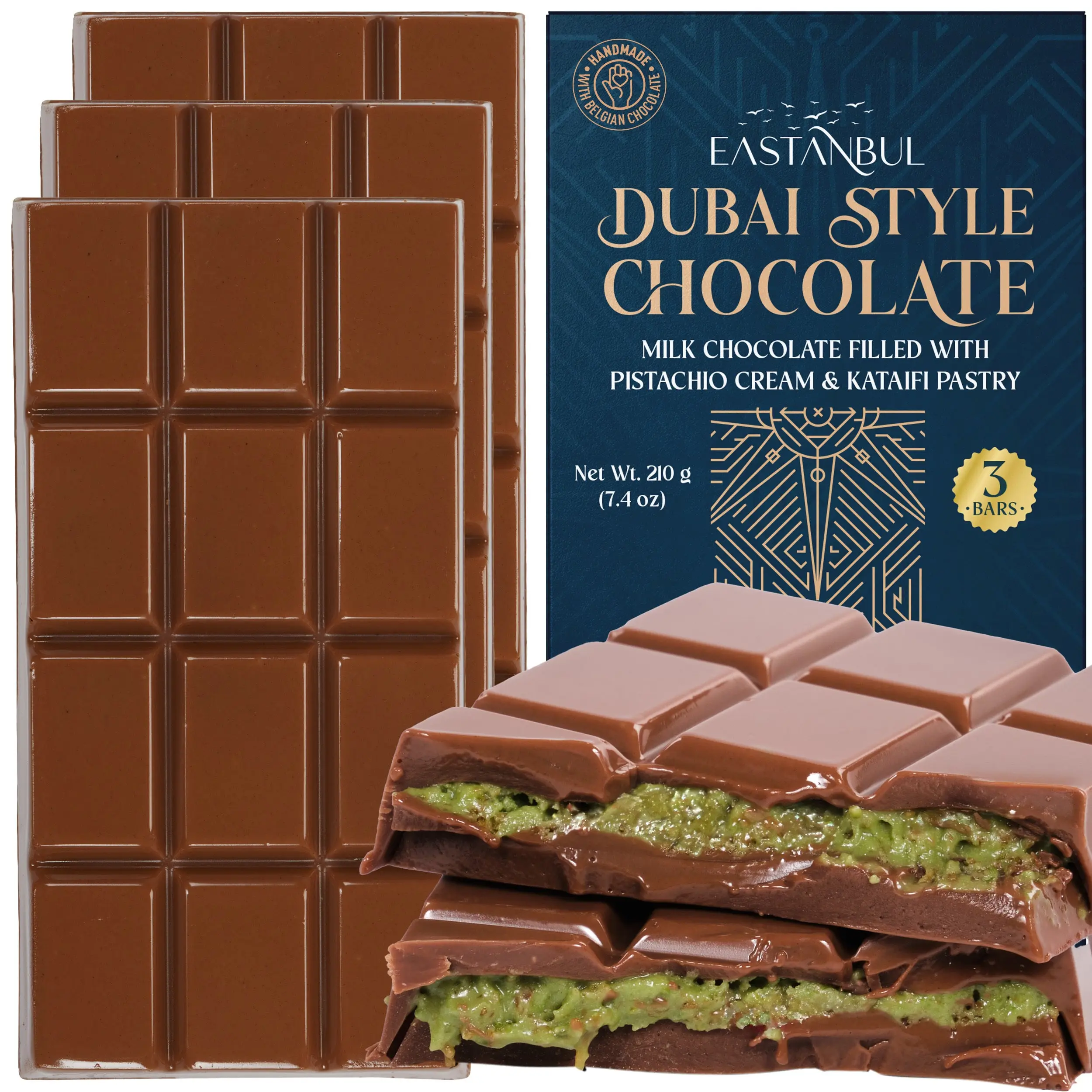 Eastanbul Dubai Milk Chocolate Bars with Pistachio & Kunafa, 3 Pack (3 x 2.5oz MINI Small Size), Viral TikTok Chocolate with Phyllo Dough