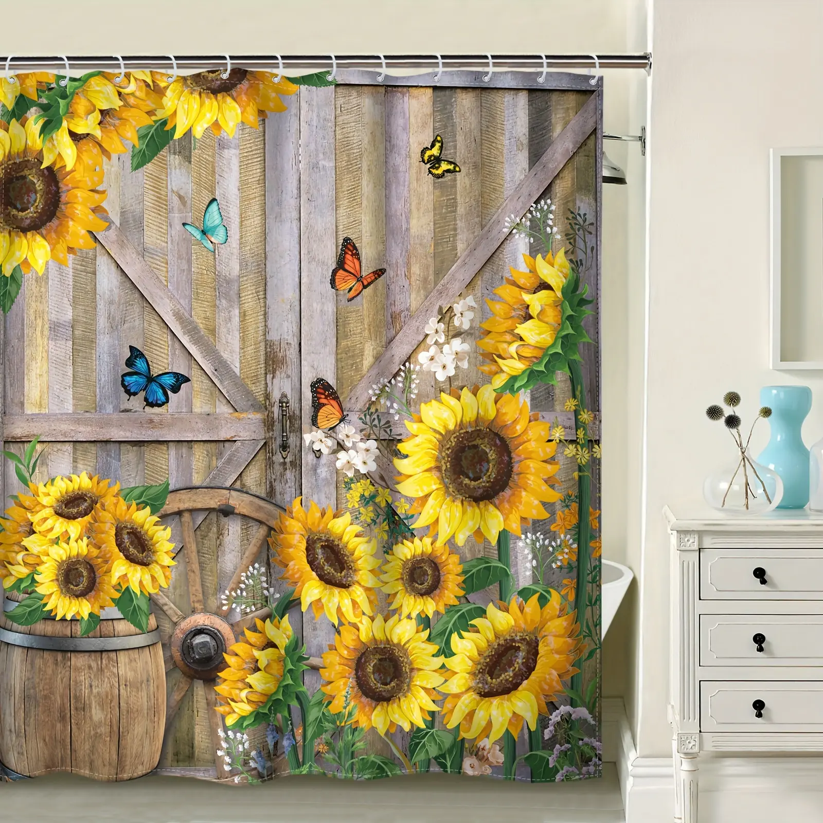 Rustic Sunflower Shower Curtain Featuring Barn Door Farmhouse Style with Vintage Butterfly And Floral Wood Plank Artwork, Polyester Bathroom Decor Set Includes Hooks