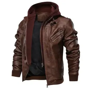 Men Brown Leather Motorcycle Jacket with Removable Hood Hoodie Casual(Sheets)