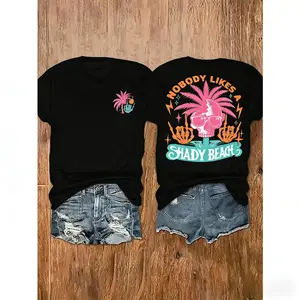 Womens Summer Graphic Tee Funny Beach Skull Palm Tree Print Short Sleeve Crewneck Loose Fit Soft Cotton Casual Top For Vacation Travel Weekend Outfit