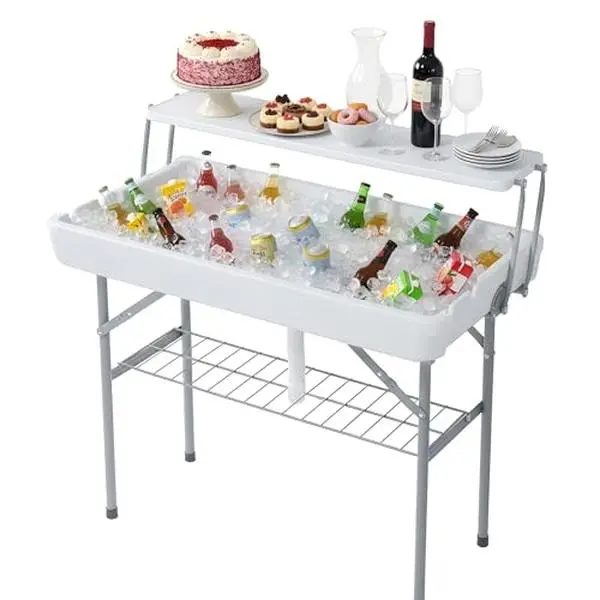 40.5"x22"x39.4" Double-Tier HDPE Plastic Folding Table - Cold-Resistant, Corrosion-Resistant Indoor-Outdoor Furniture with Ice Cooler, Snack Holder, Extra Storage Shelf, Dry-Top Drainage System, Matched Skirt, Carry Handle for Fishing, Camping, Tailgates