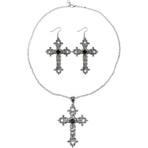 Gothic Cross Earrings Necklace Set,Y2k Necklace,Punk Gothic Cross Dangle Drop Earrings Necklace,Vintage Necklace,Vintage Cross Necklace Earrings Halloween Party Accessories Jewelry for Women Men