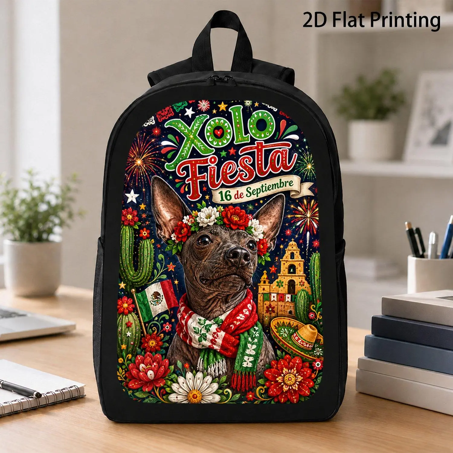 [17 Inch Backpack] 1pc Xolo Fiesta 16 De Septiembre Lovely Xolo Dog With Flower Crown Mexican Flag Element Graphic Backpack Viral Patriotic Fiesta Daily School Backpack