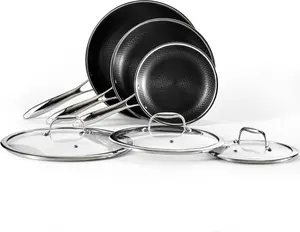 HexClad Hybrid Nonstick 6-Piece Fry Pan Set, 8, 10, and 12-Inch Frying Pans with Tempered Glass Lids, Stay-Cool Handles, Dishwasher-Friendly, Induction Ready, Compatible with All Cooktops