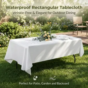 Waterproof Wrinkle-Resistant Rectangular Polyester Tablecloth, Elegant White Cover for Outdoor Patio, Garden & Backyard Dining