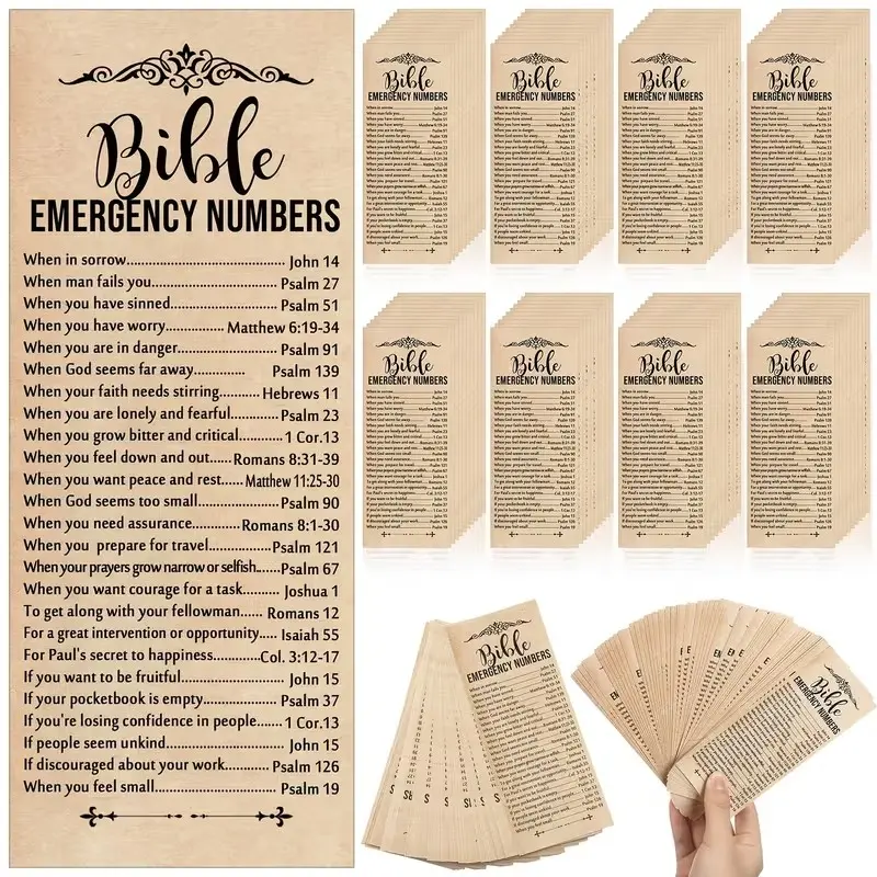 50/100Pcs Bible Emergency Number Bookmarks Bulk Pack Book Accessories Christian Gifts Religious Scripture Bookmarks 2.36 x 6 inches Christian Bookmarks Suitable for Church Welcome Gifts Sunday School Prizes Gift Giving (Brown)