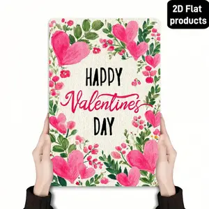 2D Flat 12x8 inches Happy Valentines Day Metal Sign Pink Floral Love Hearts Anniversary Yard Outdoor Metal Sign, Wall Hanging, English Language