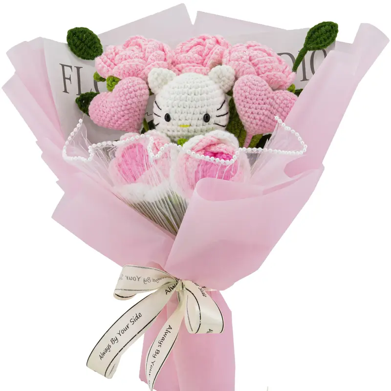 YShomy Wrapped Crochet Flowers Bouquet with Eucalyptus, Handmade Gift for Valentine's Day and Birthday