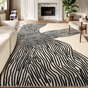 Modern Black and White Area Rug 5x7 Ft, Washable Abstract Carpet, Non Slip Thin Floor Mat for Bedroom Living Room Home Decor
