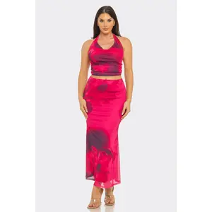 Floral print mesh draped neck front top and midi skirt set