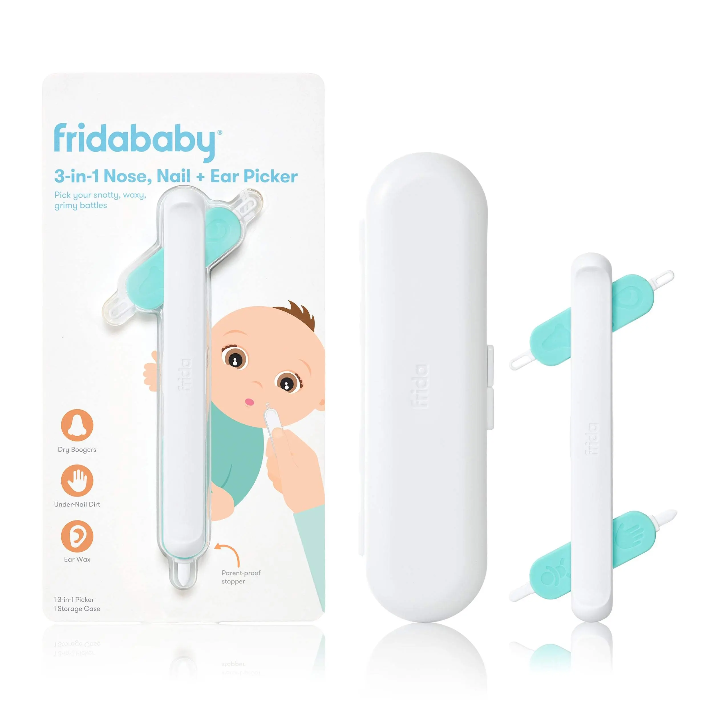 Frida Baby 3-in-1 Nose, Nail + Ear Picker: Baby Ear Cleaner + Baby Nose Cleaner and Nail Tool for Babies + Toddlers, Safely Clean Baby's Boogers, Ear Wax & More