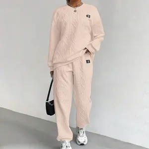 Cable Knit Lounge Set – Two Piece Cozy Sweater and Pants Outfit for Women-D240740