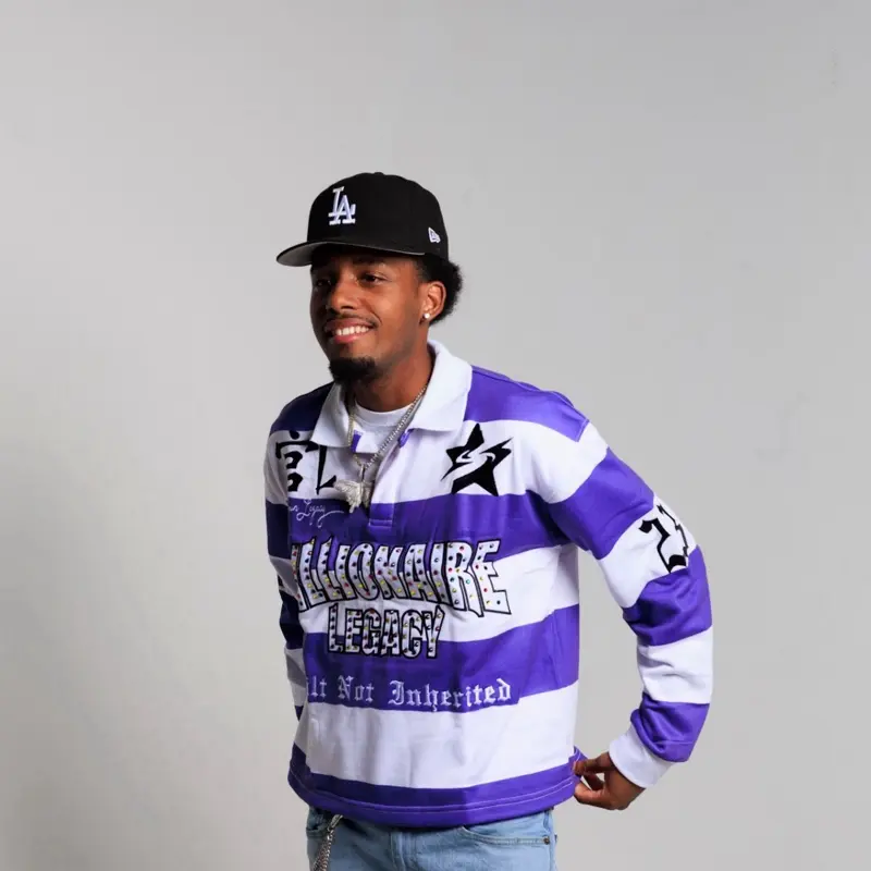 Purple YR 2 Rugby Polo - Men's Casual Long Sleeve Top with Striped Design and Star Logo