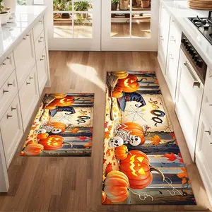 2Pcs Halloween BOO! Terrifying Pumpkin Skull with Witcher Hat, Dead Branch Spider Web Floor Mat Set, Farmhouse Kitchen Carpet, Restaurant Floor, Laundry Room Decor Carpet Mat, Home Decor Rugs
