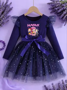 2026 Latest Spring Autumn Dress, Cartoon Long Sleeve Dress, New Year Party Dress, Birthday Dress, Lace Fly-Sleeve Design, Tulle Overlay Dress, Girls' Gift Choice