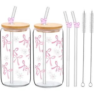 2 Sets  Bow Glass Cup 16oz  Bow Flower Cup with  and Straws Tumbler Trendy Glass Cups for Drinking Coffee Boba
