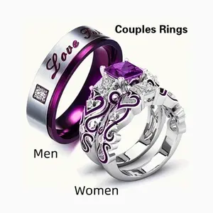 Couple ring set for wedding, engagement and party in stainless steel, Simple men's ring for men new style purple 2 pcs Zirconia stone ring for women