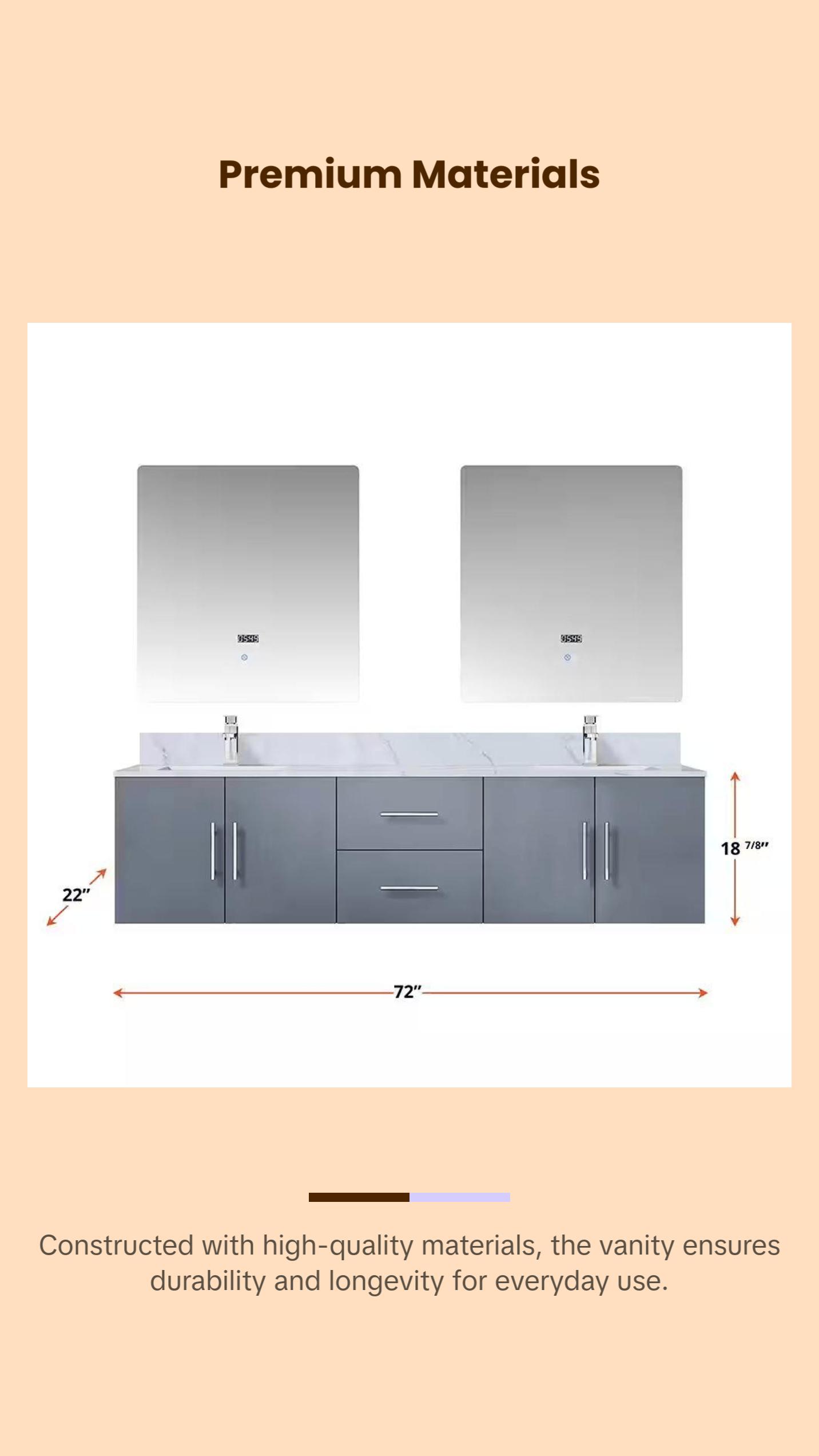 Geneva 72 In. Floating / Wall Mounted Dark Grey Bathroom Vanity With Double Undermount Ceramic Sink, White Carrara Marble Top