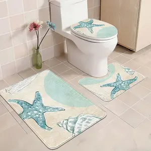 Healing Beach Style Bathroom Set, Anti-Slip Mats with Hand-Drawn Starfish Print, Toilet Mat, Modern Simple Bath Decor