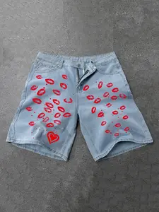 Men's Romantic Sweet Cool Denim Shorts, Graphic Print Shorts, Light Blue Washed Fabric with Lip & Heart Print, Classic Pocket Design, Soft Comfortable Jean Material