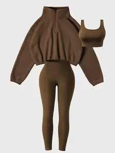 Amoyer New 2026 3-Piece Tracksuit Set for Women, fleece-lined zip jacket + top + high-waist pants, cozy springtime activewear for gym, running, travel（gift）